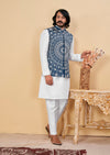 Cerulean (Rama Blue) Jacket With White Kurta Set In Silk With Detailed Threadwork Patterns