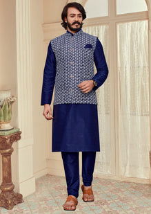Men s Blue Lakhnavi Waistcoat Nehru Jacket Kurta House